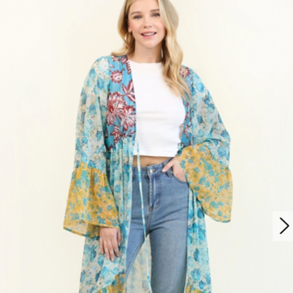 Boho Mixed Floral Bell Sleeves Tie Front Kimono Beach Cover Hippie Festival Vibe - Picture 3 of 11